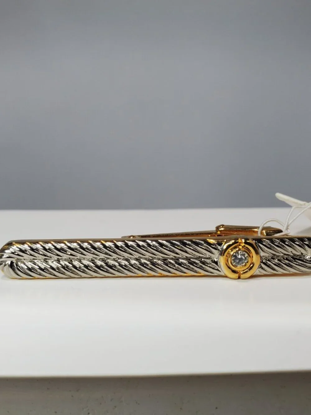14K Gold-Plated Brass with Rhinestones Tie Clip & Cufflinks 3 Pc Set